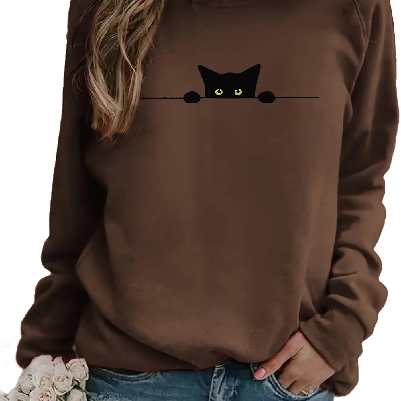 Women's Casual Blackcat Print Pullover Sweatshirt Geometric Design Long Sleeve Round Neck Machine Washable Regular Fit for Autum