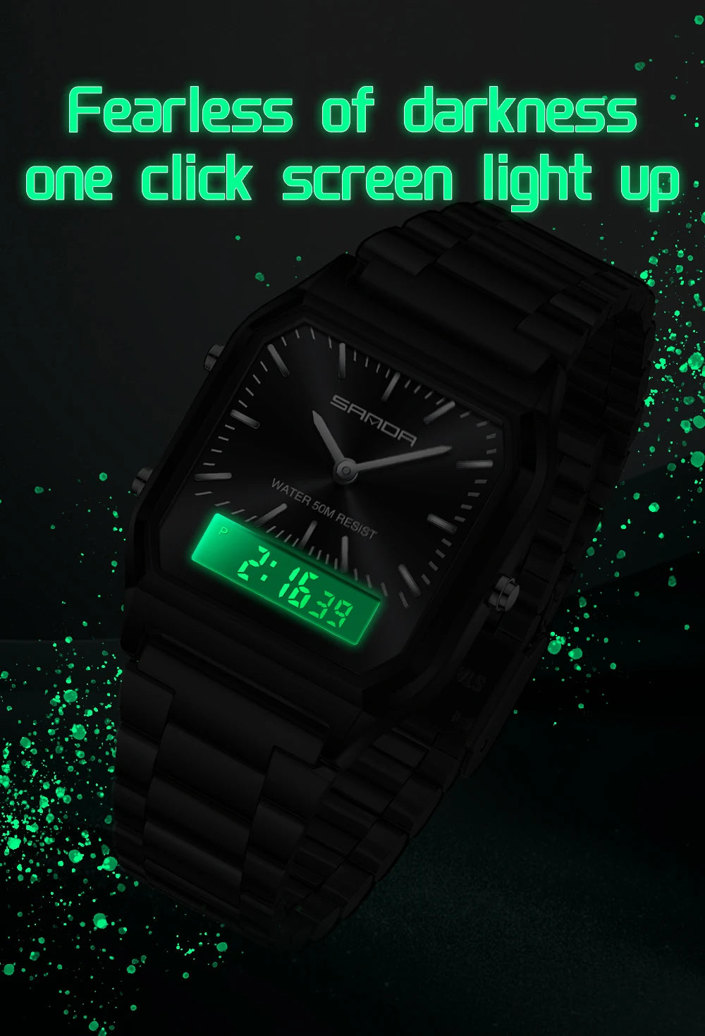 SANDA Men's and Women Watch Fashion Watches Business Style Alarm Clock Man Digital Wristwatch Square Dial Stainless Steel Strap