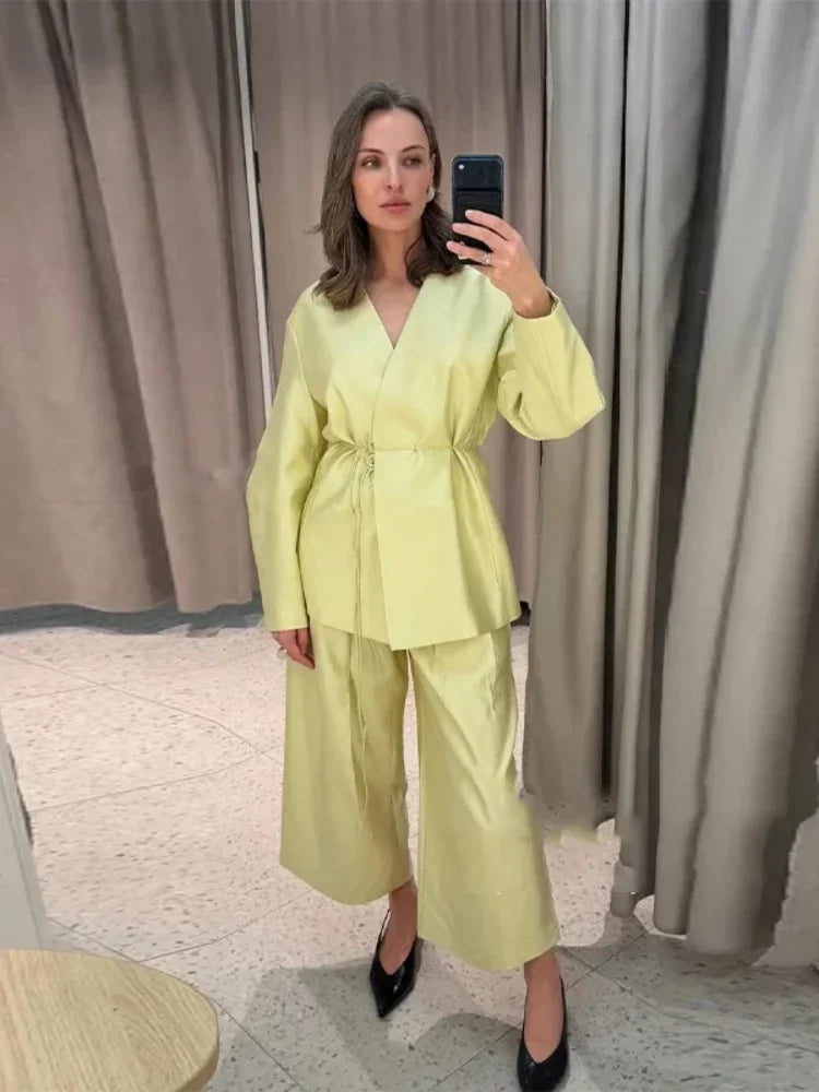 Women Elegant Solid Lace-up Blazer Set Lady Chic V-neck Full Sleeve Loose Coat Wide-leg Pants Suit 2026 Casual Commute Outfit