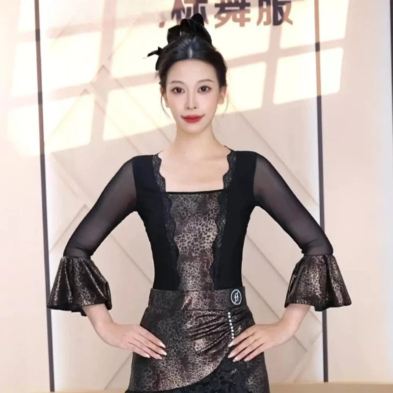 Women New Ballroom Dance Competition Clothing Black Long Sleeve Top Big Swing Skirt Suit Waltz Foxtrot Tango Modern Dance Dress