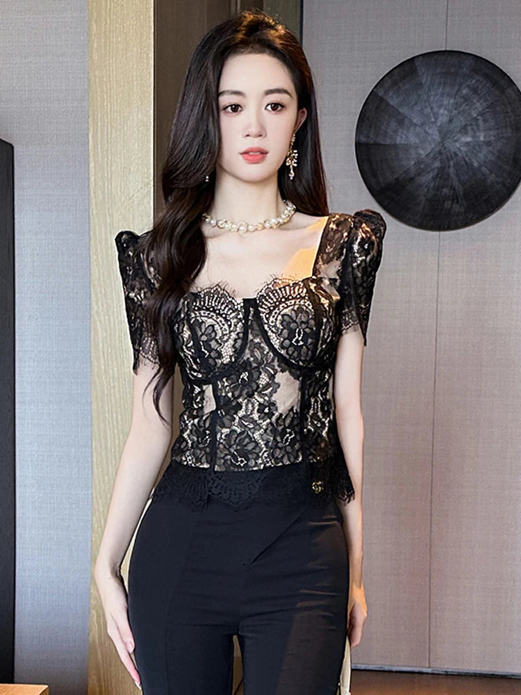 French Fashion Elegant Black Blouse Hook Floral See Through Women Tops Outfits Sheer Lace Sexy T-Shirts Tees Party Sweet Clothes
