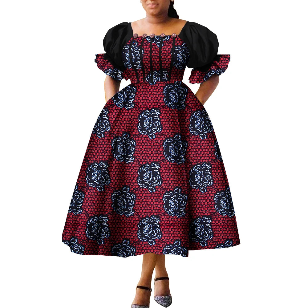 African Style Dresses for Women Puff Sleeve High Waist Gowns Ankara African Dress Princess Dress Robe Africaine Femme WY9970
