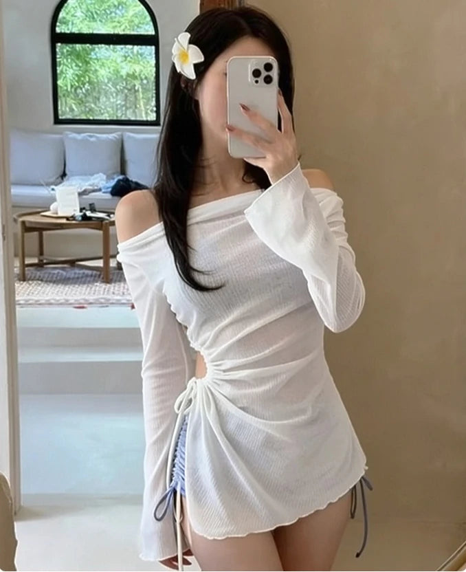 Women's 3-Piece Bikini Set White Off-Shoulder Long Sleeve Cover Up Blue Ombre Tie Side Shorts Summer Beach Bathing Suit Swimwear