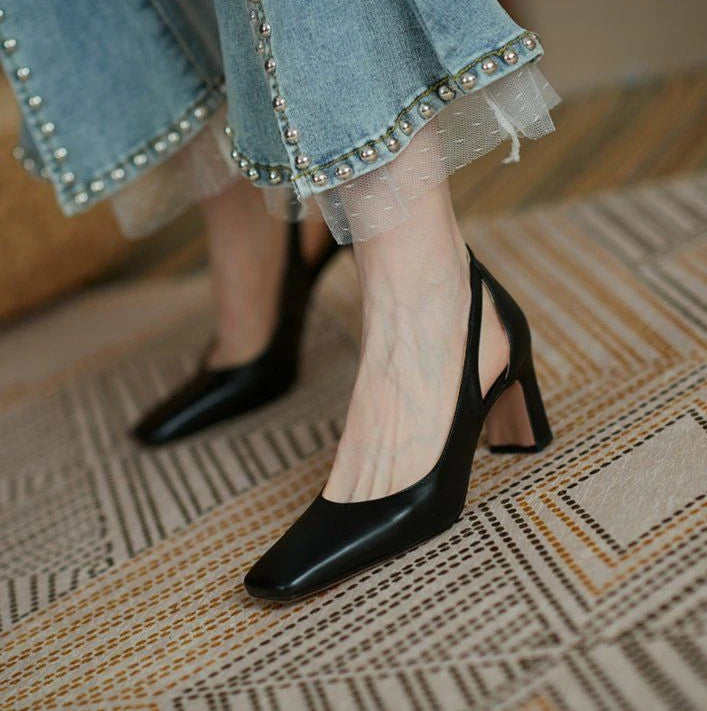 Office Ladies Summer Footwear High Heels Pumps On Heeled Square Toe Shoes For Women 2025 Fashion Leather Casual Slip A Vacation