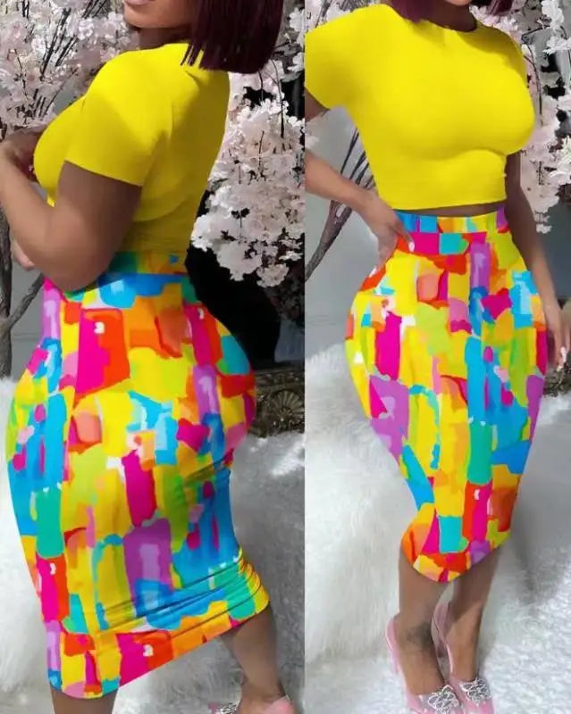 Color Print Slim Skirts Two Piece Set Women Fashion Bodycon Short T Shirt High Waist Package Hip Skirt 2 Piece Sets Streetwear