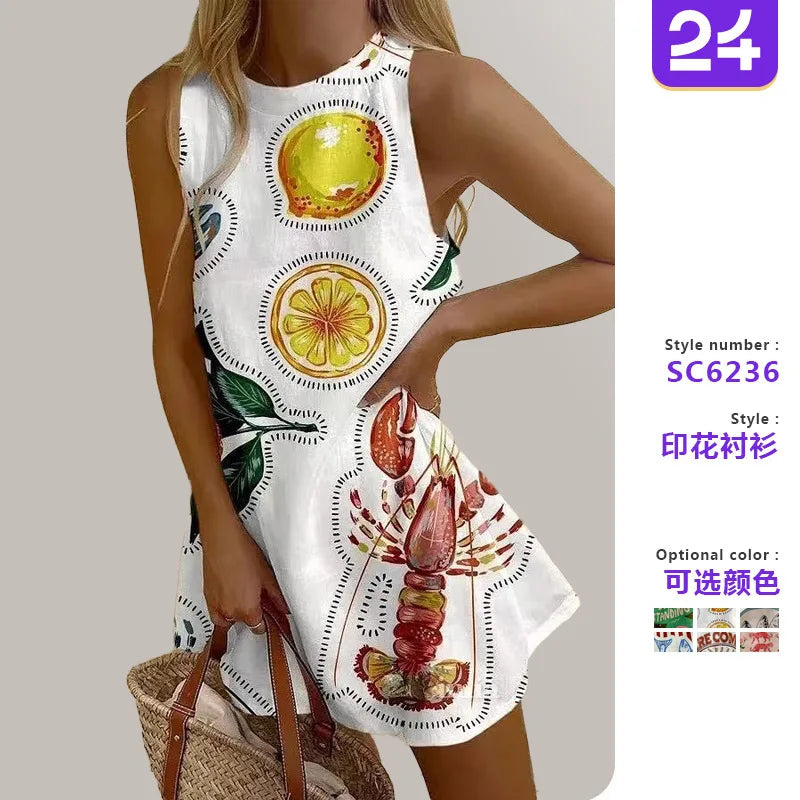 Printed Sleeveless Shirt Dress For Women Round Neck Spring Summer Loose Fit