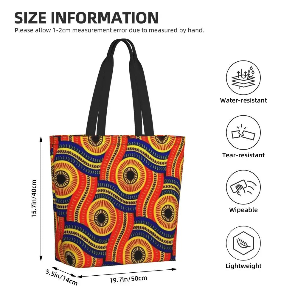 African Ankara Prints Grocery Shopping Tote Bags Women Geometric Ethnic Art Canvas Shoulder Shopper Bags Big Capacity Handbag
