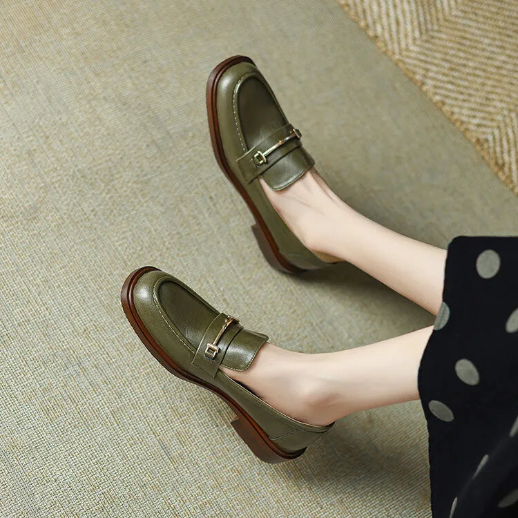 Ochanmeb Natural Leather Loafers Flat Shoes Women Brand Metal Chain Round Toe Slip-ons Flats Ladies Casual Creepers Moccasins 40