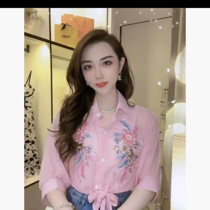 2024 Summer New Office Lady Temperament Sequined Bead Embroidered 3D Flower Chiffon Sun Protetion Casual Half-sleeved Shirt