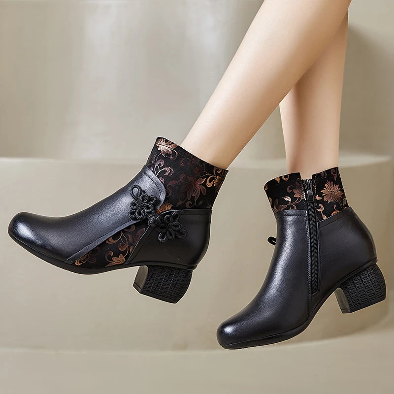 2025 Leather Ankle Boots Women High Heels Black Shoes for Women Handmade Genuine Leather Women Knight Boots Sale