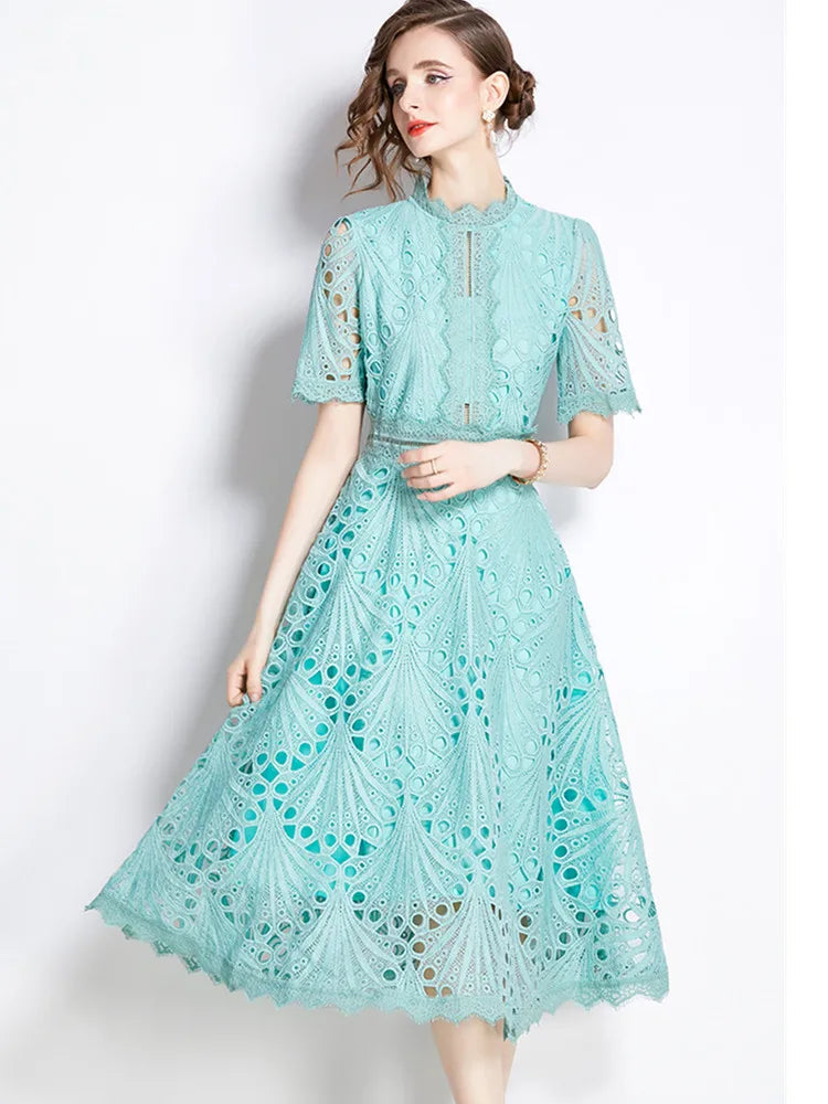 SMTHMA Vintage High-End O-Neck Short Sleeve Lace Hollow Out Dress For Women's Summer Slim Elegant Long Dress Female Clothing