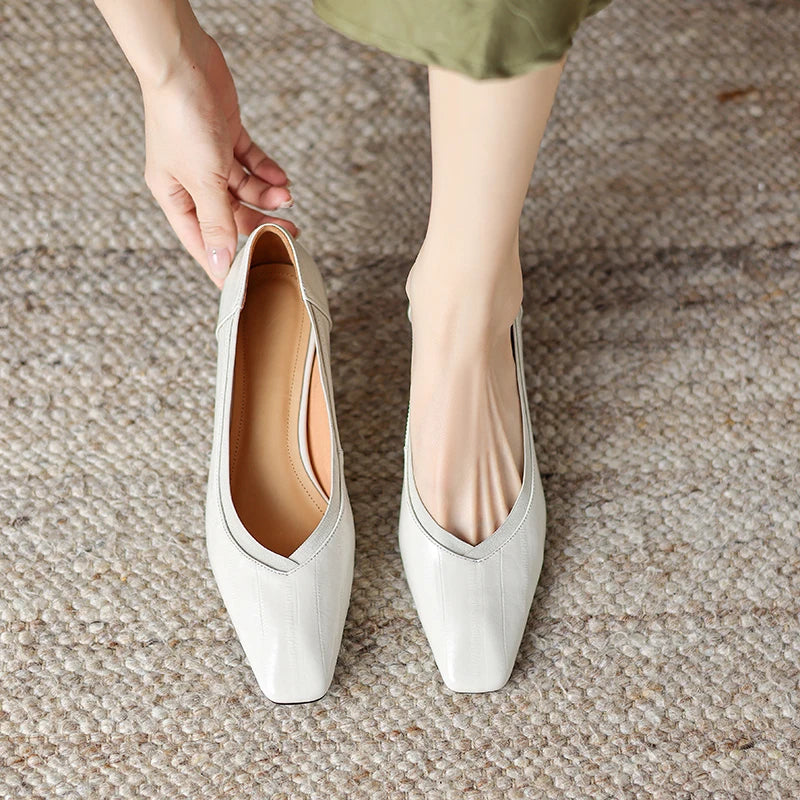 【JOCHEBED HU】Brand Genuine Leather Square Toe Women Pumps Slip Mid Heels Solid Color Dress Party Spring Autumn Shoes Handmade
