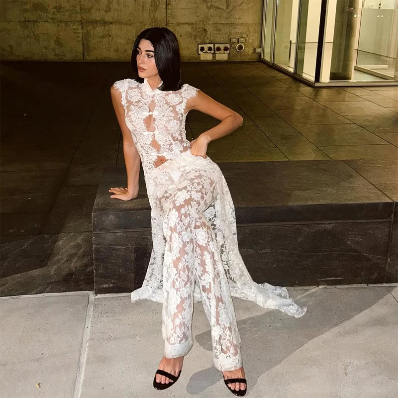 Solid Lace Halter Maxi Dress Sexy Cutout Waist Sheer Slim Fit Fishtail Long Gowns Women's Summer Evening Party Robes 2026 New