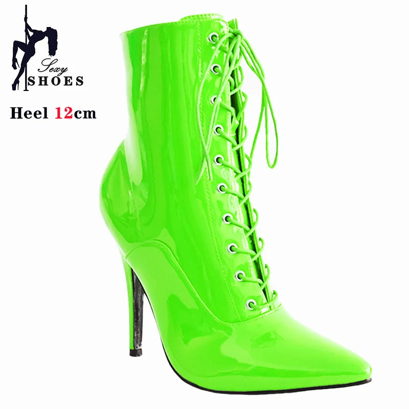 Cross-tied Pink Pointed Toe Ankle Boots 12cm Sexy Fetish Stripper Shoes Patent Leather ZIP Short Boots Women Heels Plus Size 46