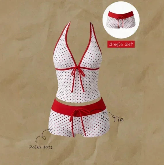 Summer Beach Swim Outfits Women Halter V-Neck 2-Piece Tankini Tie Camisole Top Slim Contrast Waistband Seaside Pool Suits