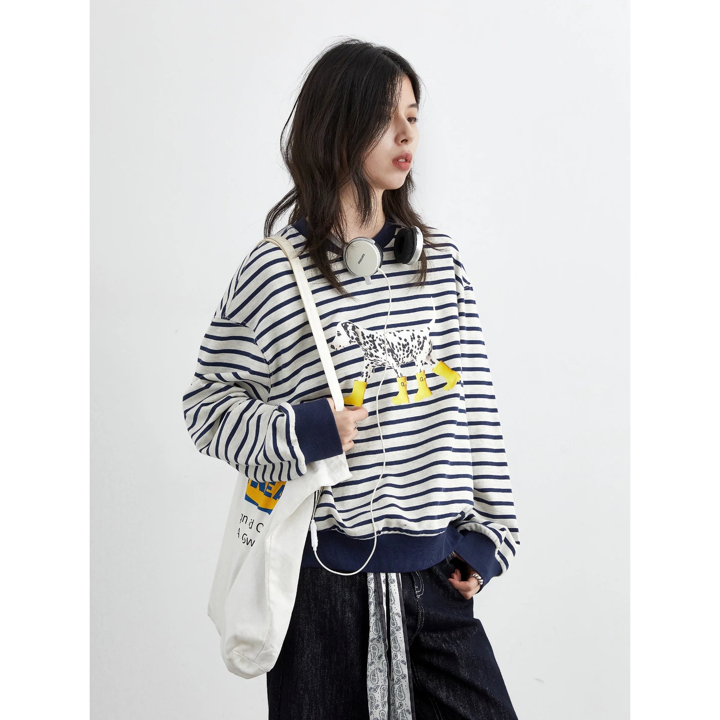 CHIC VEN New Women T-Shirts Loose Casual Round Neck Striped Dog Print Long Sleeved Female Tees Pullover Autumn Winter 2025