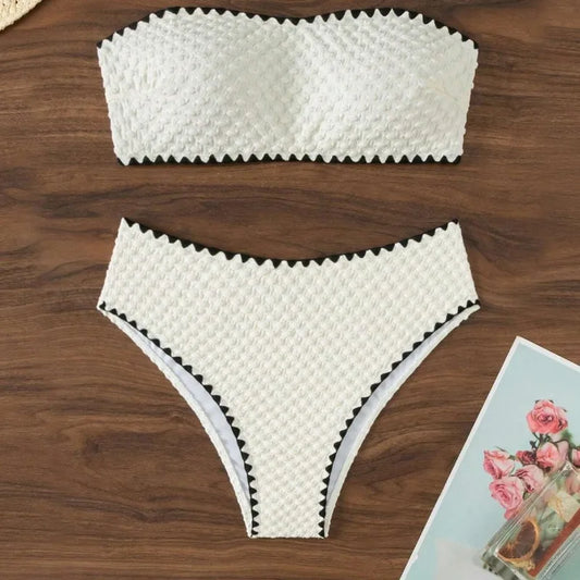 Swimwear White 2 Piece Strapless Swimsuit for Women Sexy Bandeau Backless Bikini Set Lace-up Patchwork Bathing Suit 2025 New