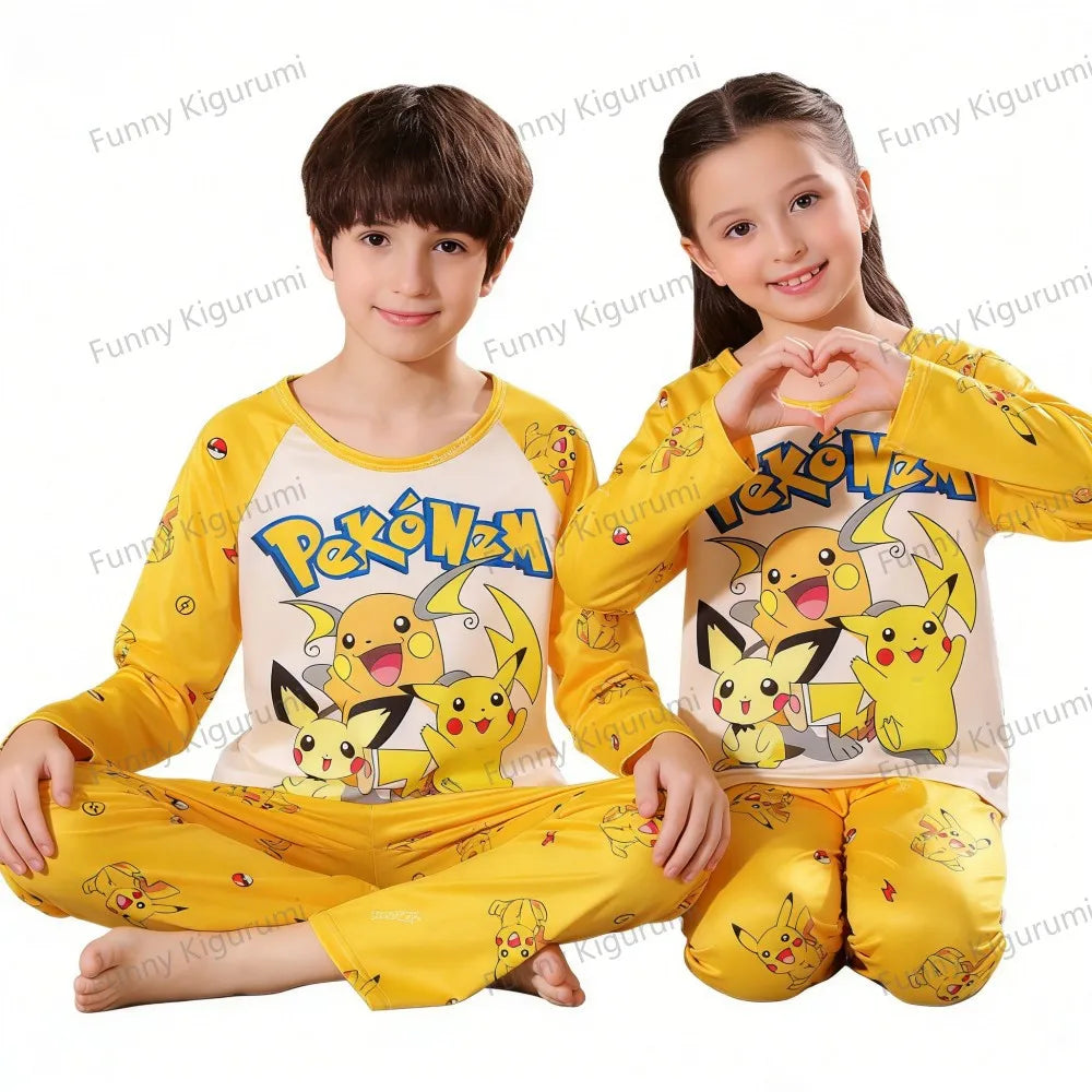 Cartoon Pijamas for Kids 3 to 5 7 9 11 13 Years Clothing Sets Boys Home Wear Girls Full Sleeve Pikachu Pajamas Teen Loungewear
