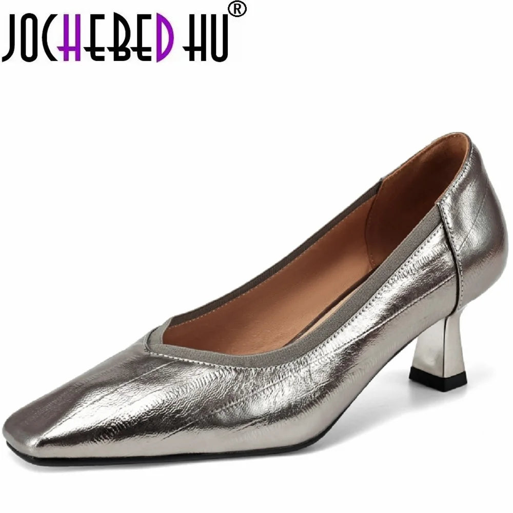 【JOCHEBED HU】Brand Genuine Leather Square Toe Women Pumps Slip Mid Heels Solid Color Dress Party Spring Autumn Shoes Handmade