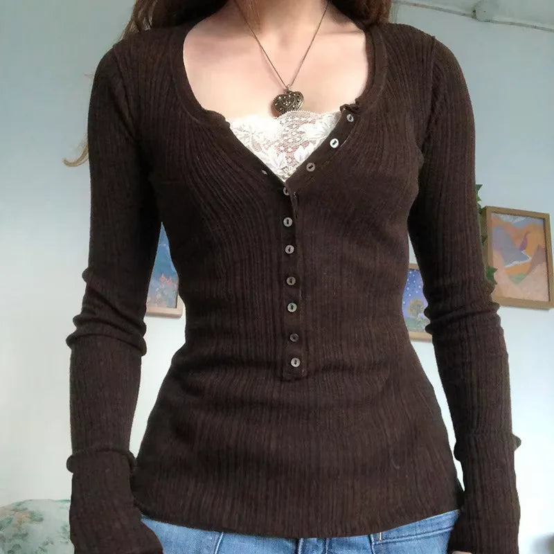 2000s Vintage Long Sleeve Babydoll Knitted Sweater Tops Cottage Milkmaid Pullovers Aesthetic Grunge Y2k Knitwear T-shirts Women
