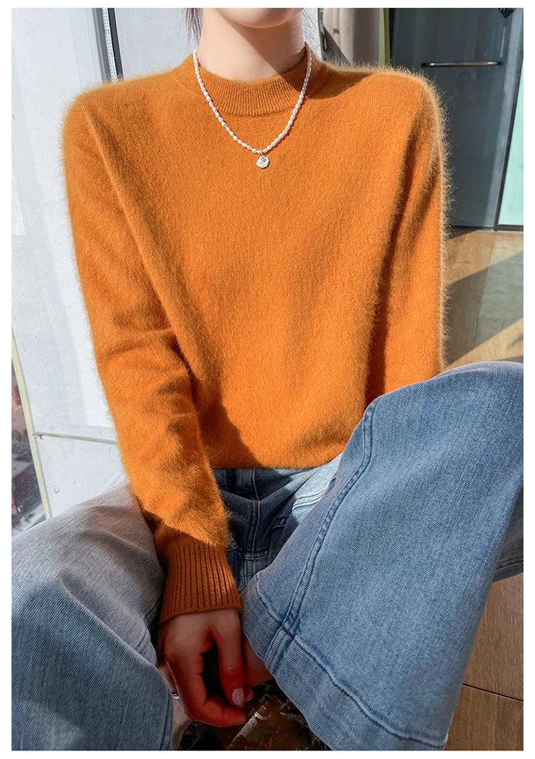 Autumn and winter women's semi high neck pullover sweater solid color knitted slim fit women's 100 mink cashmere sweater new sty