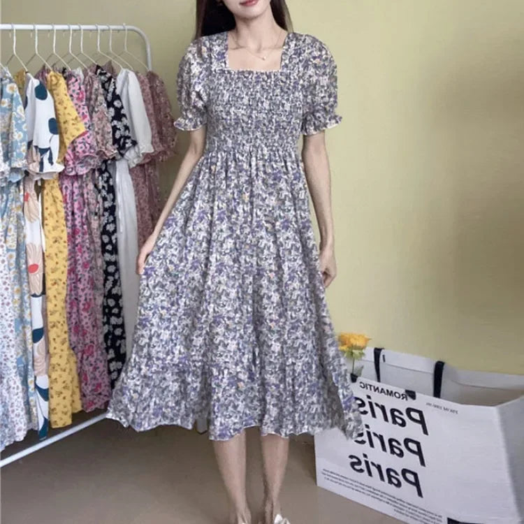 Women’s lavender floral chiffon dress with elastic waist, short puff sleeves, A-line midi by Bazaarhubo.