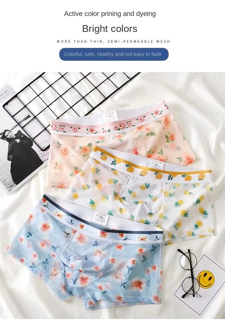 1pcs Sexy Mesh Boxer Men Underwear See Through Transparent Shorts Male Print Panties Plus Size Underpants U Convex Lingerie 6XL