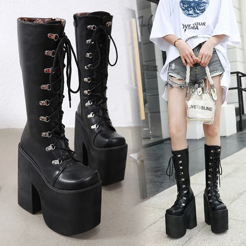 Gdgydh Large Size 43 Thick Platform Extreme High Heels Cool Motorcycles Boots Punk Style Shoelaces Knee High Boots Winter