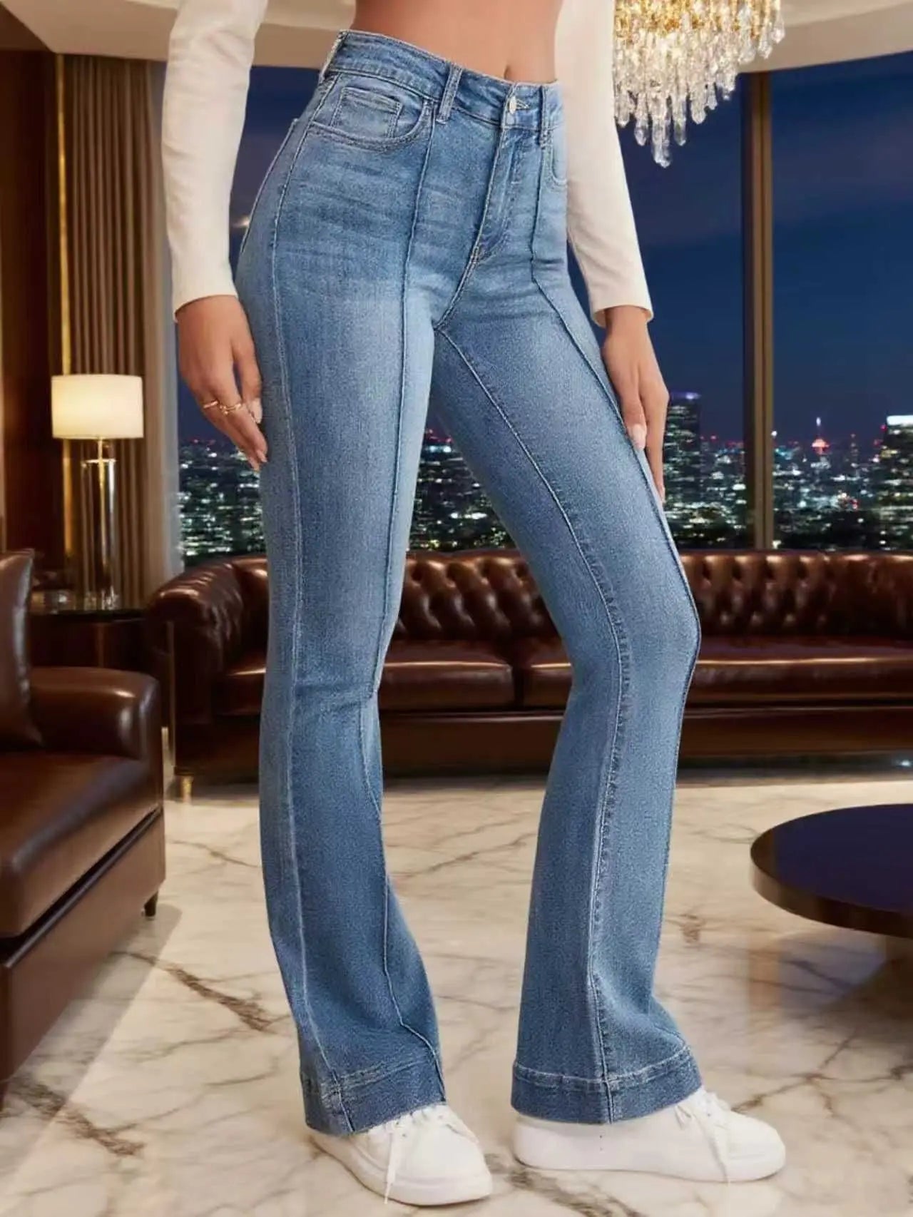 Gray Stretch Womens Slimming Flared Jeans With Seam Detailing Bootcut Trousers