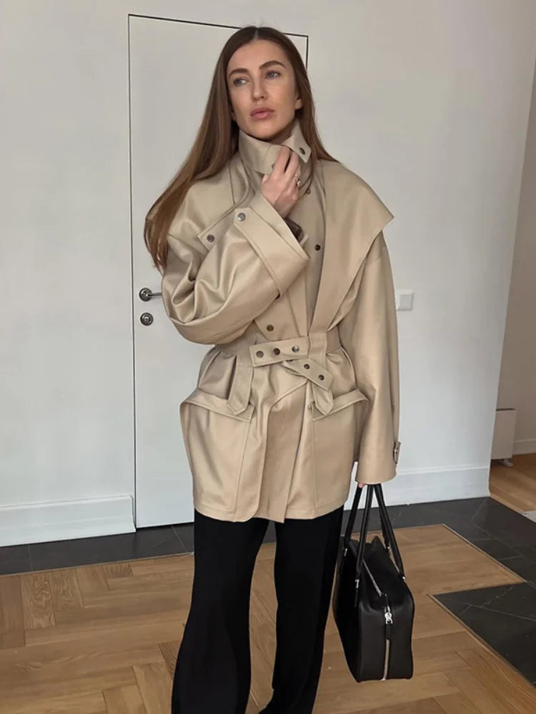 Solid Oversized Tie-waist Cropped Trench Coat Women Drop Shoulder Outerwear 2026 Lady Spring Modern Edgy Fashion Streetwear Coat