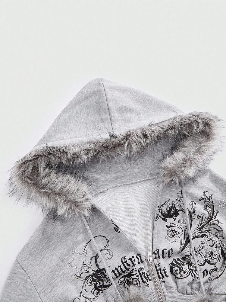Winter Warm Gothic Print Hoodie Women's Clothin Faux Fur Crop Top Zip-Up Sweatshirt Fashion Y2K Streetwear Hooded Jacket 2026New