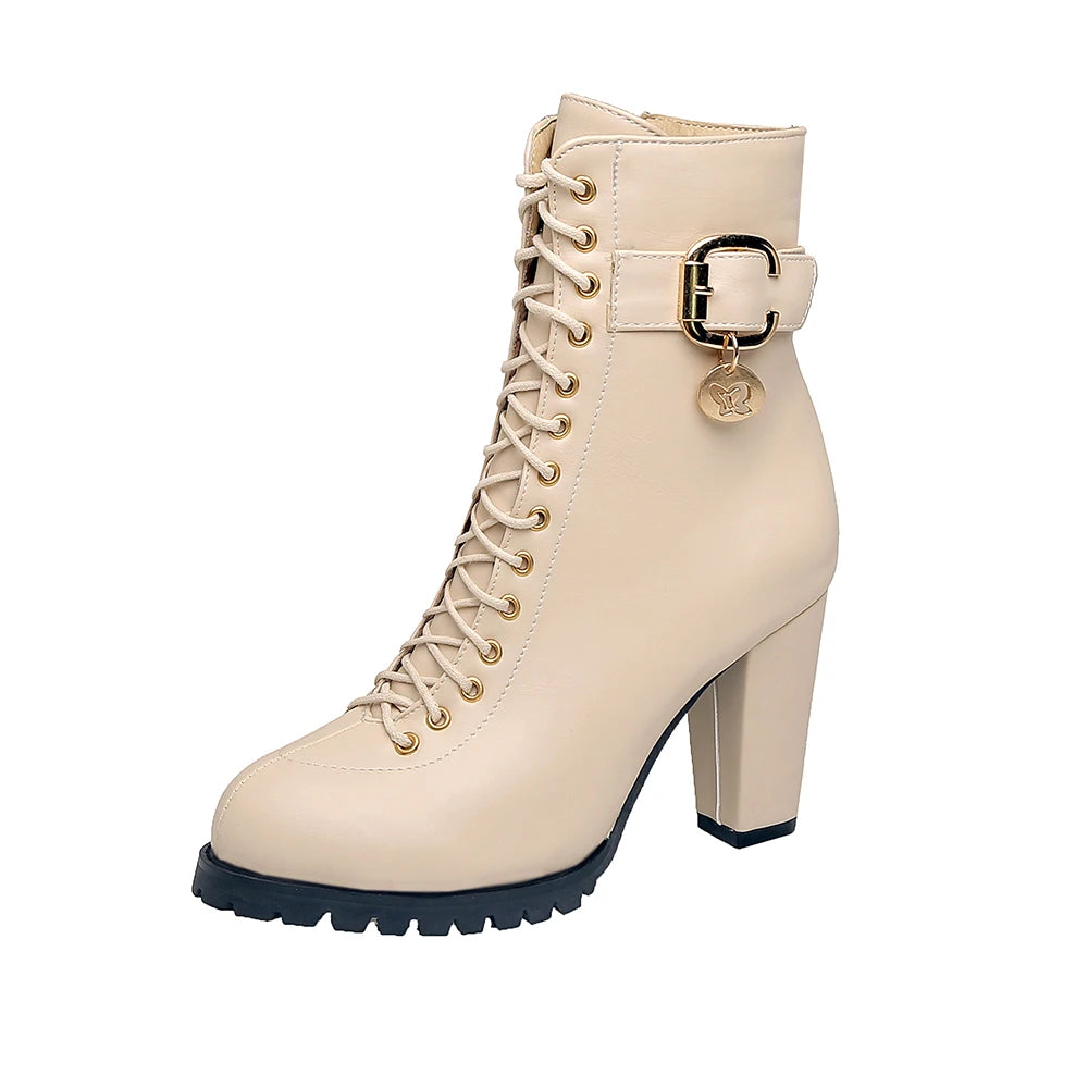 Women's Autumn Lace-Up Chunky Heel Ankle Boots with Belt Buckle Side Zipper High Heels Booties Lace Up Design Classic Lolita