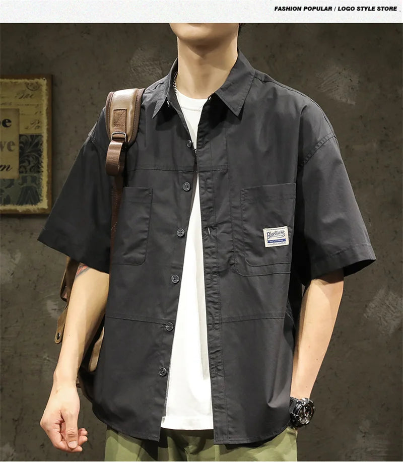 American Casual Short Sleeve Shirt For Men Summer Fashion Comfortable T-shirt 2026 New High Street Plain Lapel blouses hombre