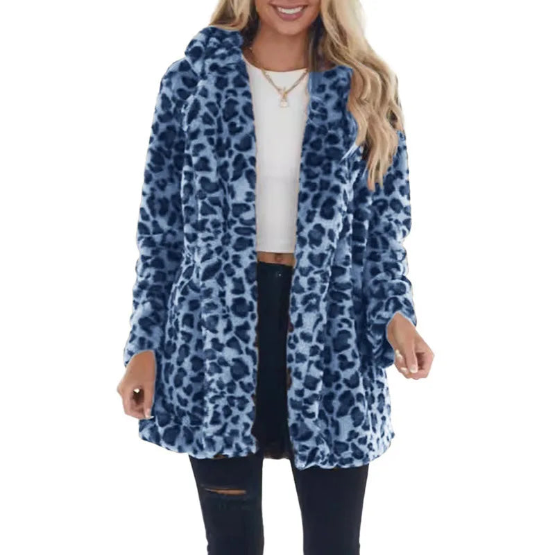 Women Winter Warm Faux Fur Coat Fashion Casual Turn-down Collar Leopard Jackets Ladies Streetwear Long Sleeve Pockets Overcoats