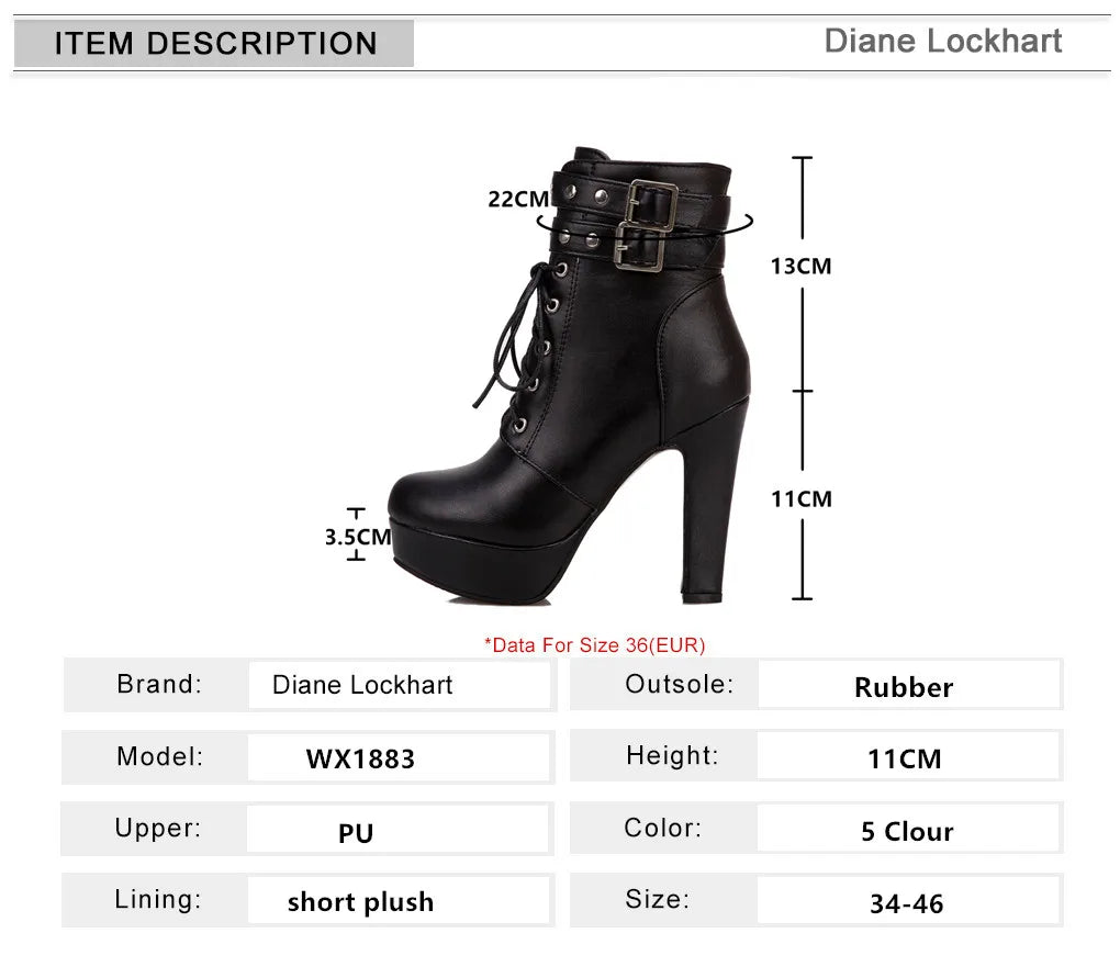 Women Ankle Boots Platform Lace-Up High Heels Short Boot Female Buckle Autumn Winter Red Yellow White Sexy Shoes Large Size34-46