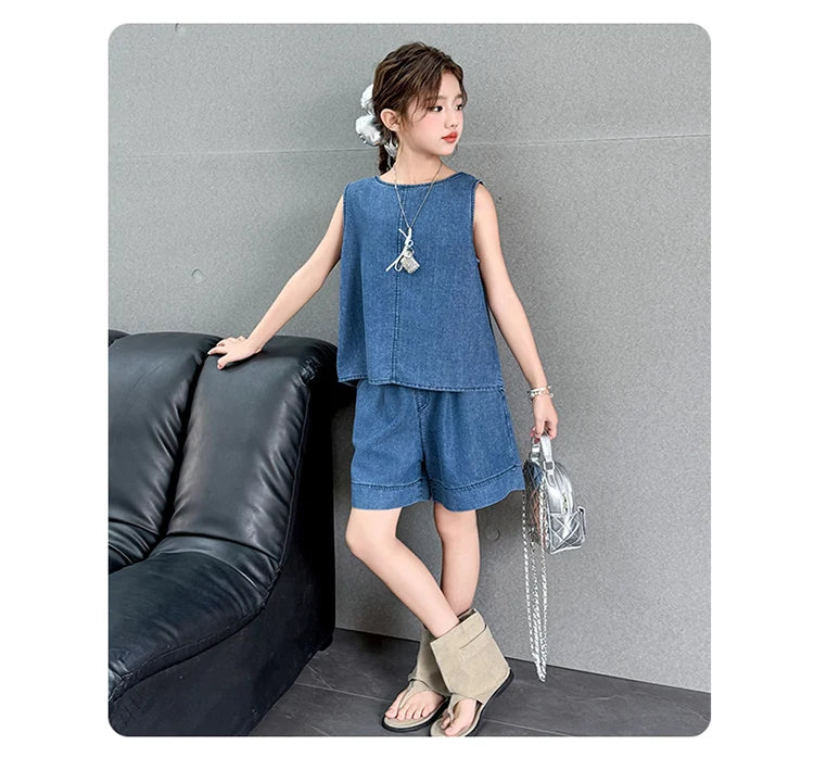 High Fashion Children Summer Denim Suit for Girls Casual Vest + Shorts 2 Piece Clothing Set Kids Trendy Street Outfit Age 5-14 Y