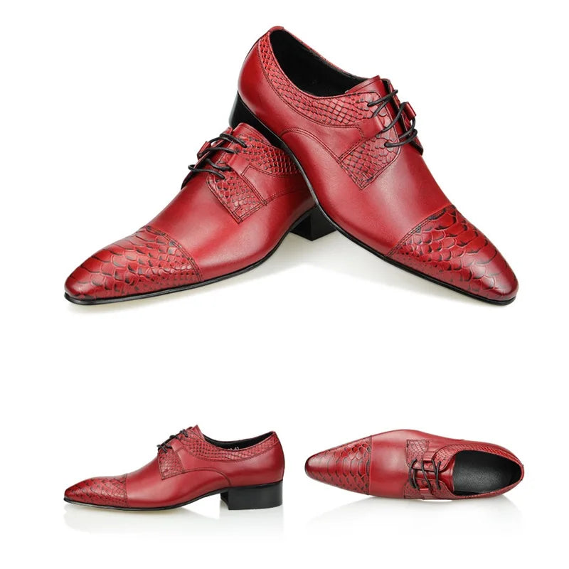 Luxury Wedding Red Shoes For Men Lace Up Fashion Derby Shoes Formal Business Office Genuine Leather Pointed Toe Dress Man Shoe