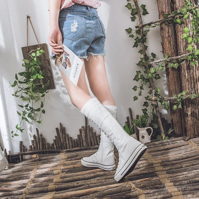 New Women's Canvas Boots Zip Shoes Comfortable Womens Shoes Flat High-top Female Sneakers Lace-up Knee-high Boots Bota Feminina