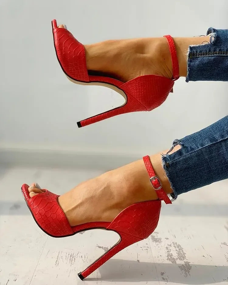 Sexy White Dress Wedding Shoes Women Ankle Strap Peep Toe High Heel Sandals Super High Heels Buckle Snake Pattern Woman Pumps