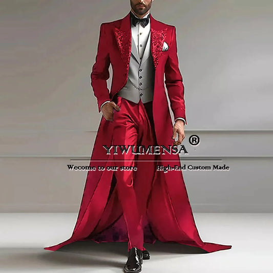 Business Men Suits Sparkly Sequins Peaked Lapel Long Tail Jacket Vest Pants 3 PCS Groom Wear Wedding Tuxedo Customized Clothing