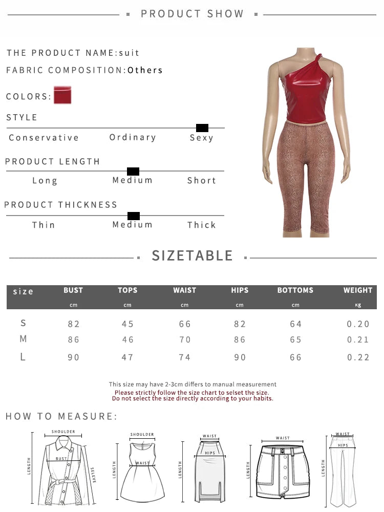 Sisterlinda Summer Hipster 2-Piece Set Women Slanted Shoulder Pu Tank Top+Calf Shorts Matching Stretch Skinny Clubwear Outfits
