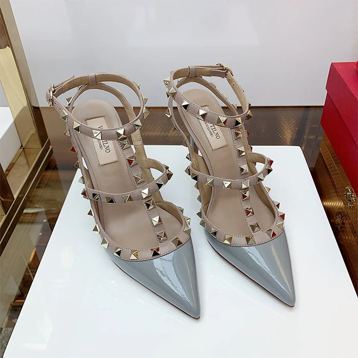 Nude Women's Gladiator sandals Summer 2025 Luxury With Ankle Strap Pointed Toe Fashion Rivet High Heels Party Ladies Shoes Women