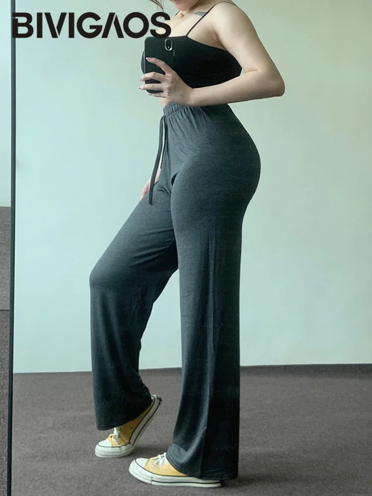 BIVIGAOS Summer Drawstring Ultra-thin Modal Wide Leg Pants Women High Waist Drape Casual Sport Pants Gray Sunscreen Fitness Pant