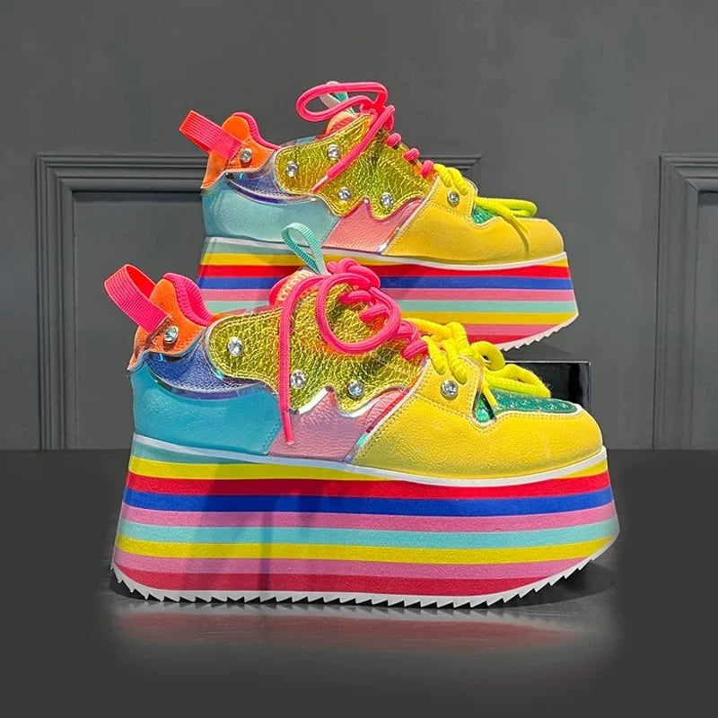 Spring Autumn Women Colourful Sneakers High Platform Shoes Heels Chunky Casual Dad Shoe Genuine Leather Thick Bottom Fashion New