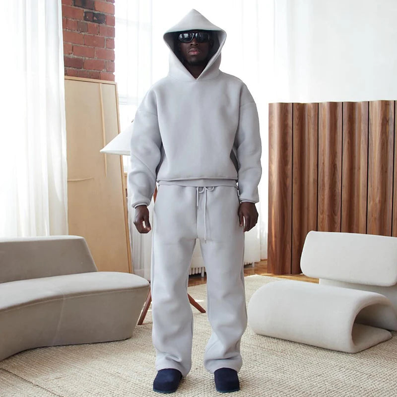 Men's Casual Solid Hooded Pullover Straight Pants 2 Piece Set Tracksuit For Fashion Loose Hoodies Sweatshirt Wide Leg Sweatpants