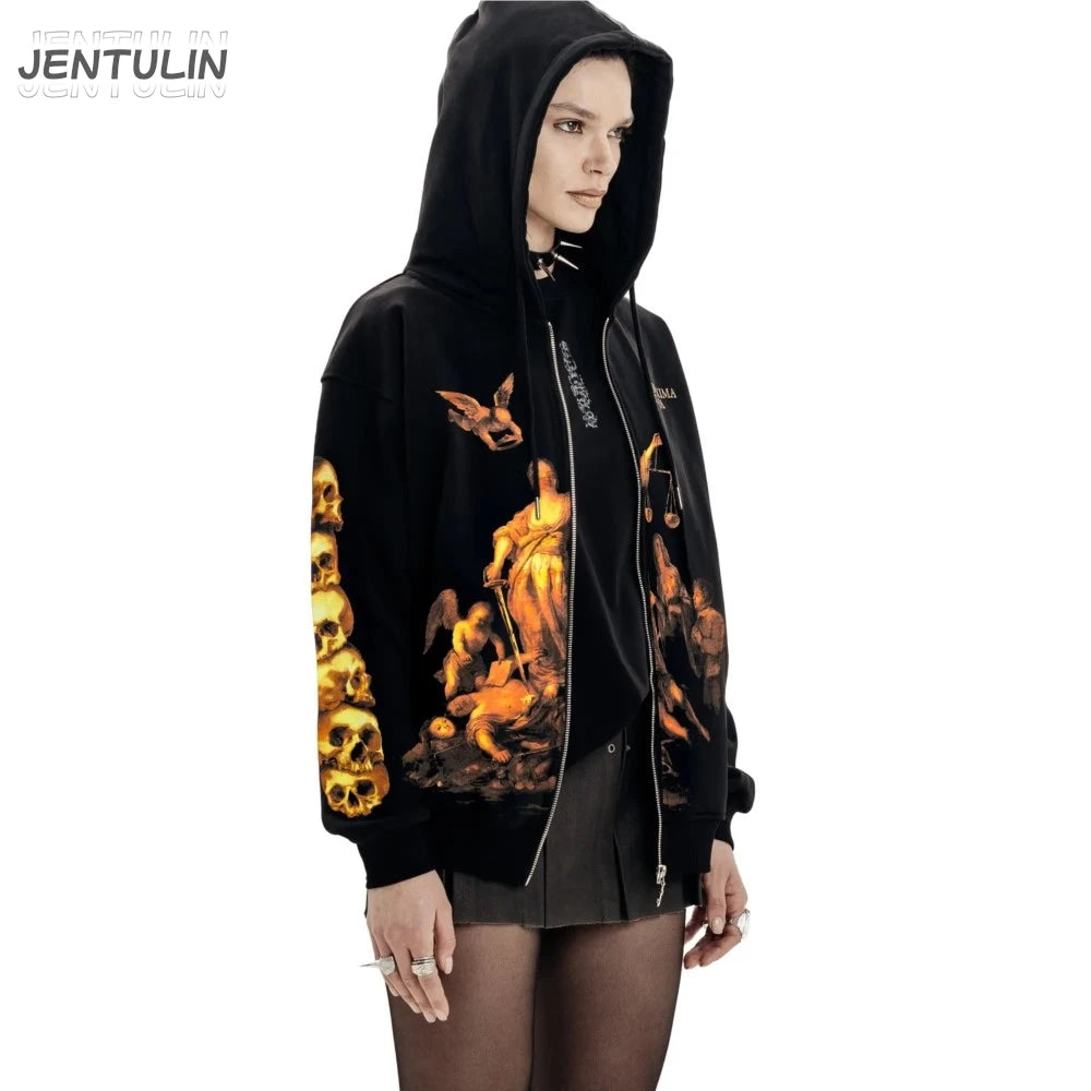 Streetwear Men Zipper Hoodie justice Graphic Print Zip Hooded Pullover Sweatshirt Hip Hop Jacket Y2K Coat Clothing Goth Top Punk