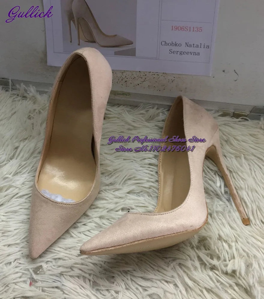 Gullick Women Hot Pink Suede High Heel Shoes 12Cm 10Cm 8Cm Stilettos Slip-On Pointed Toe Wedding Shoes Shallow Pumps Size45