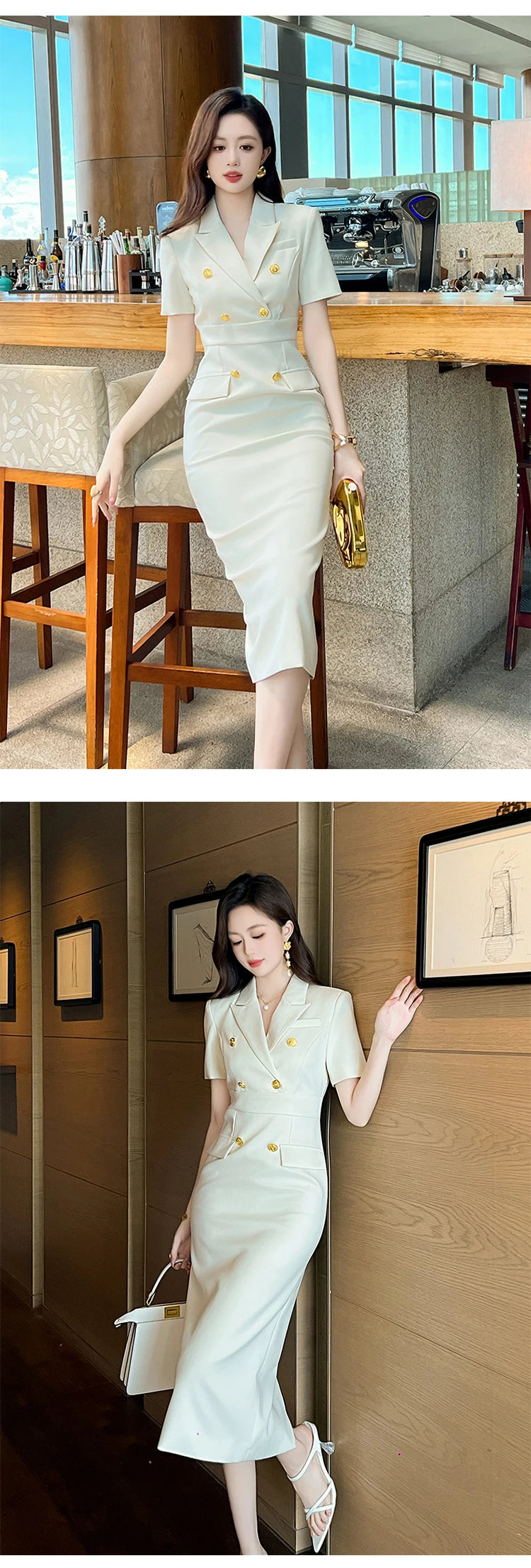 Elegant Office Lady Classic Business Formal Pencil Dress Women Clothes Blazer Commute Short Sleeve High Waist Slim Midi Vestidos
