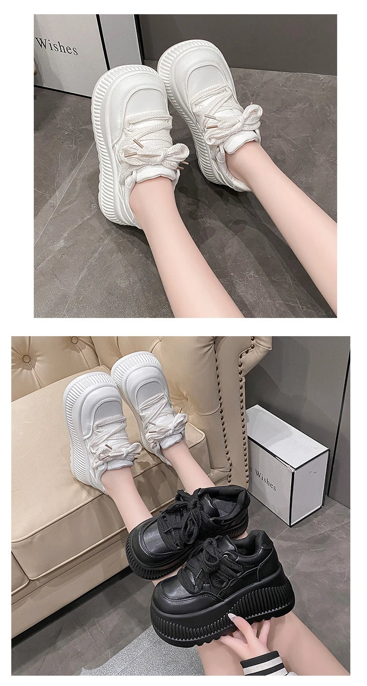 8.5CM New Synthetic Microfiber Leather Women Platform Wedge Ladies Chunky Sneakers 2024 High Brand Fashion Vulcanize Pumps Shoes
