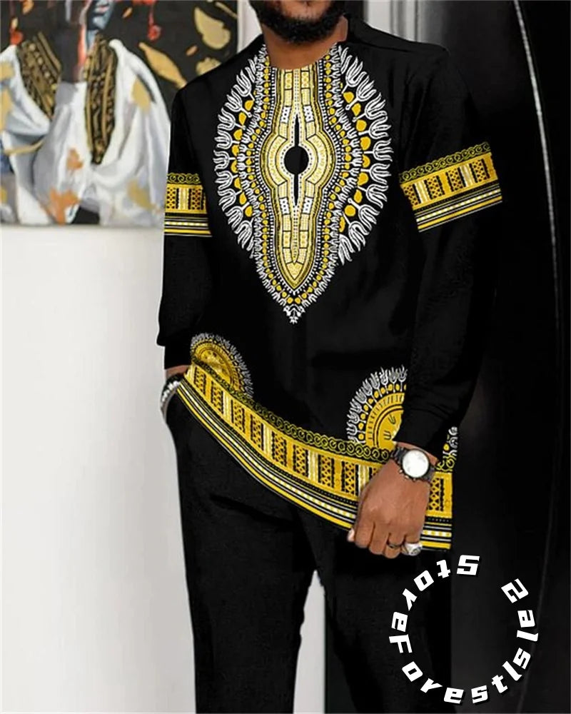 African Clothing Set for Men Tracskuit Set Casual Walking Suit Ovrersize Streetwear Long Sleeve T-Shirt Trousers Outfit 2-piece
